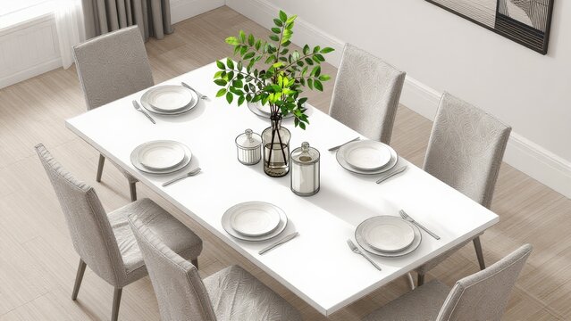 Elegant Dining Table Setting with Minimalist Decor and Greenery