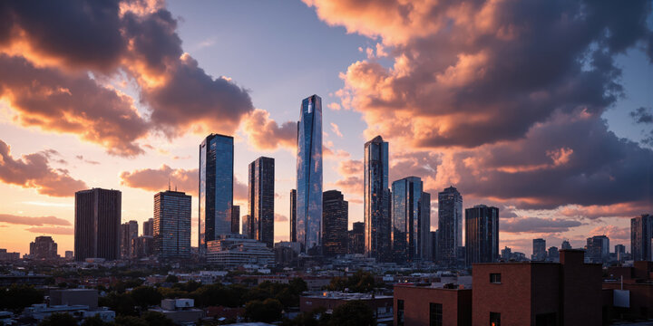 Modern City Skyscrapers Sunset Clouds Dramatic Sky Urban Landscape View A striking view of towering modern city skyscrapers silhouetted against