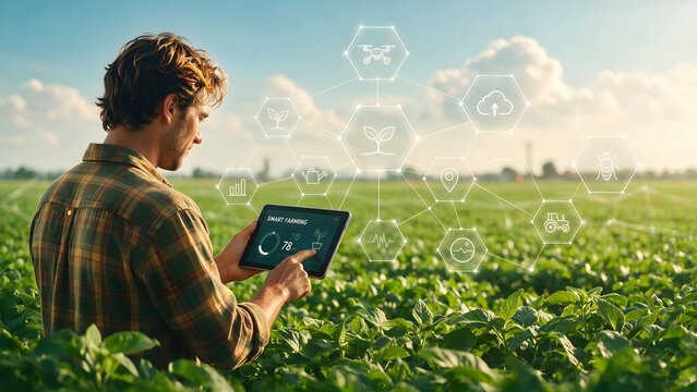 Smart agriculture technology concept with farmer using a digital tablet in crop field, precision farming, connected agriculture and crop monitoring