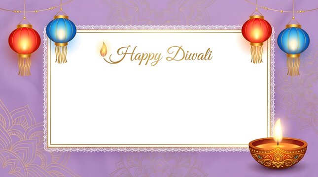 Happy diwali greeting card with hanging lanterns and a lit diya lamp on a purple background with mandala patterns