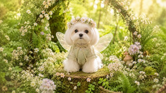Cute white puppy with fairy wings in an enchanted garden