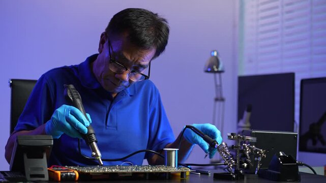 Technician inspecting circuit board with microchip, mobile phone and computer repair service, electronic component maintenance and technology production.