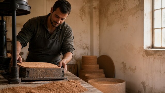 A craftsman man working with wood shavings and tools in a rustic workshop setting, skilled hands at work, artisanal woodworking process, natural materials craftsmanship display