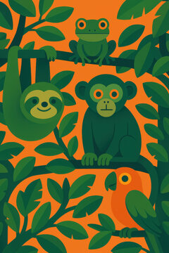 Jungle animals including sloth, monkey, frog, and parrot surrounded by green leaves on orange background, creating lively and playful forest scene