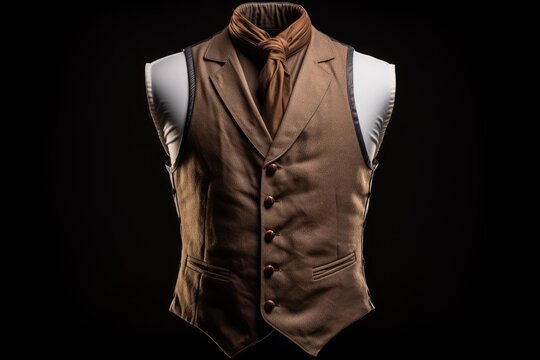 Brown textured vest with a matching cravat displayed on a mannequin, showcasing classic formal attire