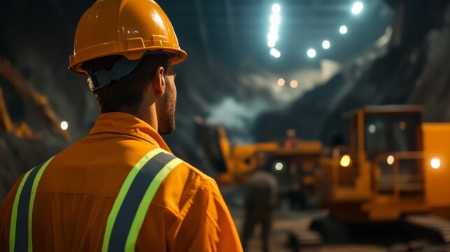 Construction worker watching large equipment in a poorly lit mining location