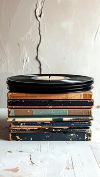 A stack of vintage vinyl records rests atop a pile of old books against a textured wall.