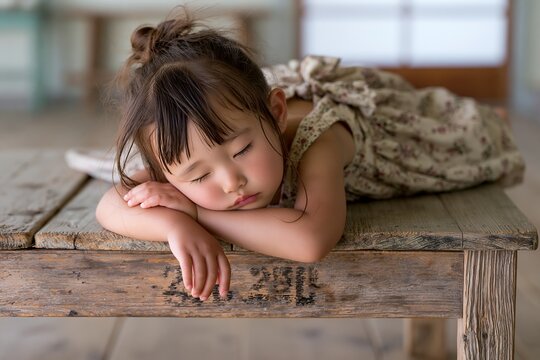 木製の台で休憩中にうたた寝する幼い可愛い女の子の寝顔