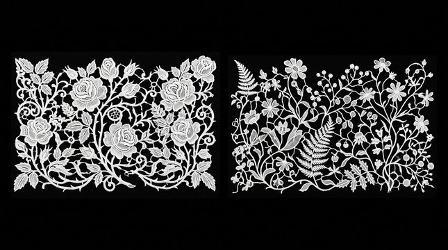 Set of vintage white floral lace panels with roses, wildflowers, and fern botanical embroidery vector illustration on black background