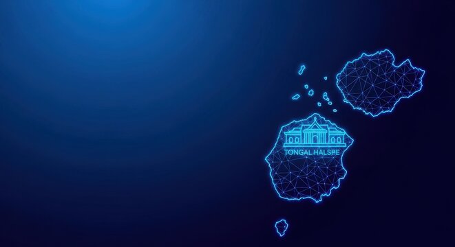 Digital Map Outline of Tonga Showing Islands and Capital City on Blue Network Background