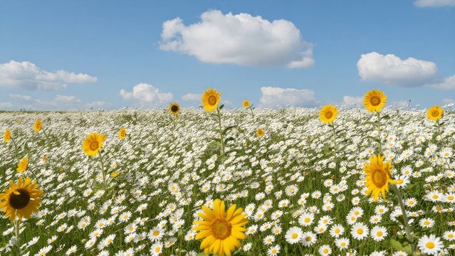 Bright Sunflowers and White Daisies in a Sunny Blue Sky Landscape