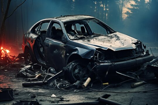 Destroyed vehicle resting amidst debris and fire after a devastating crash or disaster