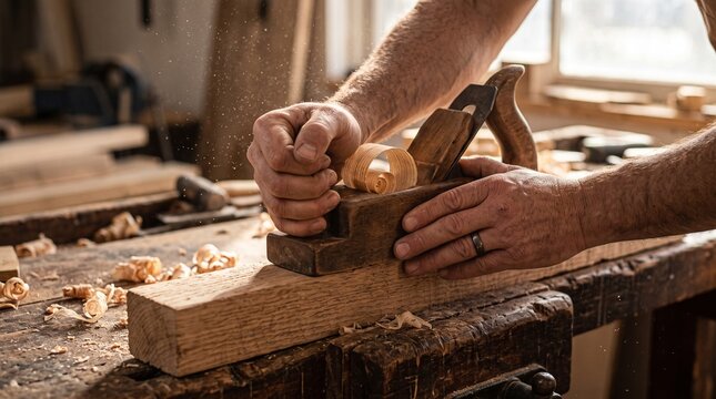 A professional carpenter using a hand plane on a rustic wooden plank