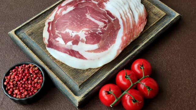 Slices of pork pancetta, ham, or bacon for a festive antipasto platter