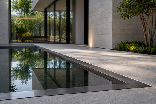 Moderner Poolbereich mit Natursteinfassade und Glasfront