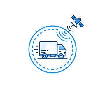 icon of smart fleet telematics and geofencing, featuring a delivery truck inside a dashed digital boundary with a satellite emitting navigation signals. Clean, modern line art ideal for logistics, GPS