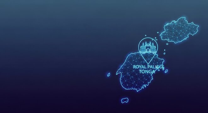 Digital map of Tonga highlighting the Royal Palace, pinpointing a key tourist destination in the Pacific Ocean