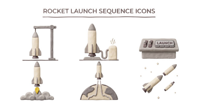 Set of clay style rocket launch sequence icons for space exploration and technology concepts.  Transparent background