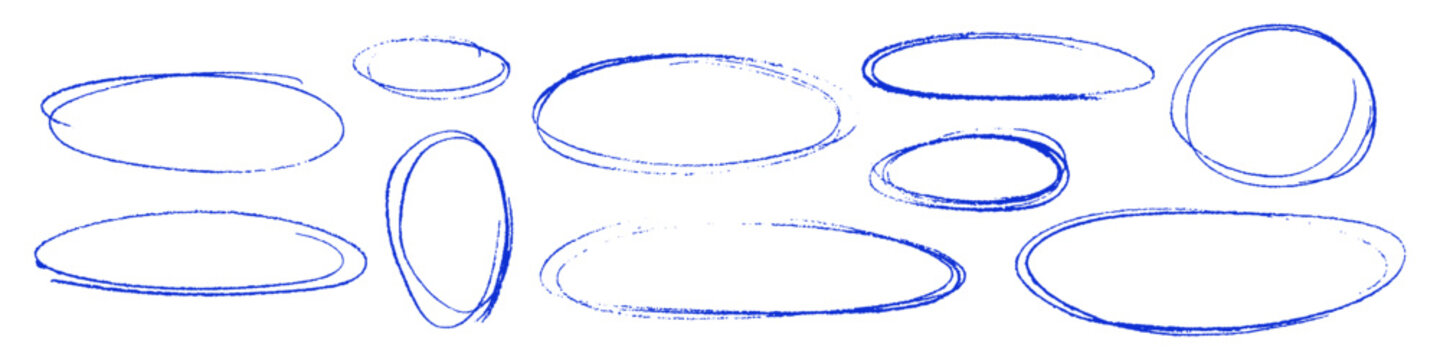Blue ballpoint pen oval frames set vector isolated on transparent background. Hand drawn pen scribble circles, highlight ring doodles, handwritten mark elements for note emphasis and text selection