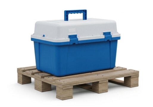 Blue plastic storage box on a small wooden pallet