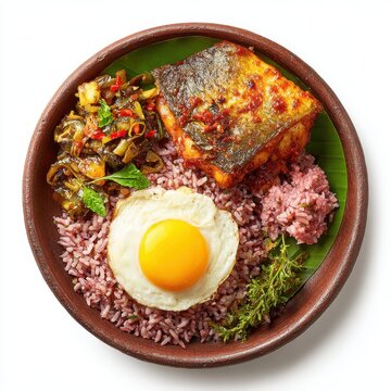 lunch menu with red rice fish ambul thiyal isolated on a white background