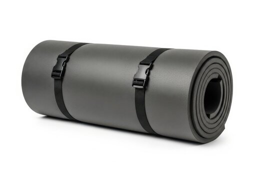 Rolled gray foam camping mat with black fastener straps