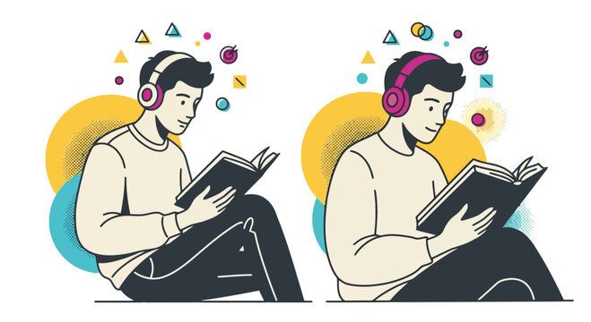 Young man wearing headphones reading a book surrounded by geometric shapes