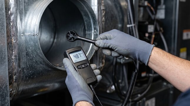 HVAC technician using an anemometer to measure airflow in a metal air duct