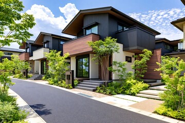 Fototapeta premium 新築モダン住宅が並ぶ明るい街並みと爽やかな青空