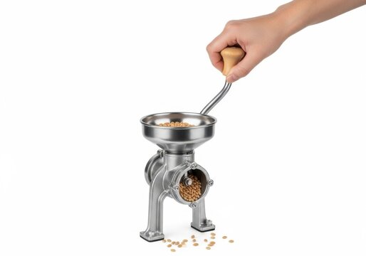 Hand turning the handle of a manual metal grain mill