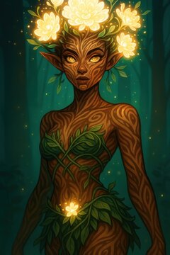 Enchanted forest dryad with wood textured skin glows amid luminous white flowers
