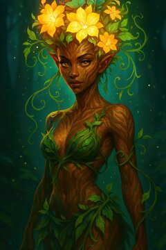 Pointed eared forest nymph with green eyes emerges from shadowy woodland glow