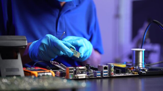 Close-up of semiconductor microchip on circuit board, motherboard processor for computer repair, hardware technology and chip manufacturing industry concept.