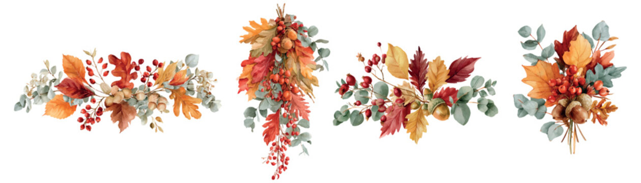 Autumn watercolor foliage arrangements, featuring vibrant fall leaves, red berries, eucalyptus branches, and acorns, creating seasonal botanical illustrations for design