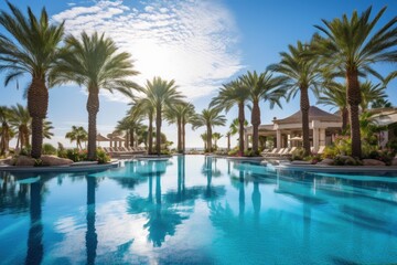 Fototapeta premium Tropical resort swimming pool with palm trees, sun loungers, and warm weather