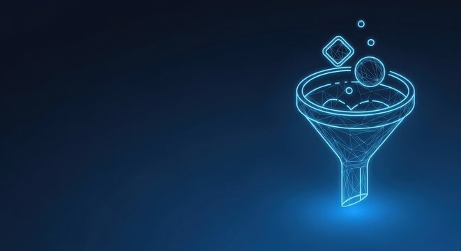 Neon wireframe funnel illustrating marketing sales and lead conversion process on a dark blue background