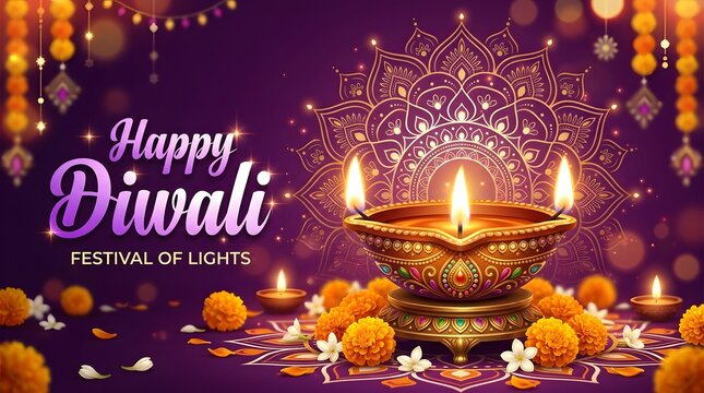 Happy diwali festival of lights with glowing diya oil lamp and marigold flowers on purple background