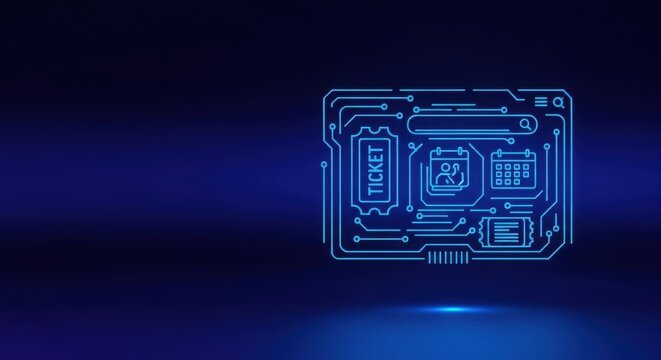 Digital Event Ticketing Platform Interface with Ticket and Calendar Icons on Circuitry Background