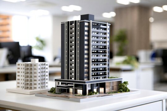 オフィスに展示された高層マンション模型未来の都市開発と不動産