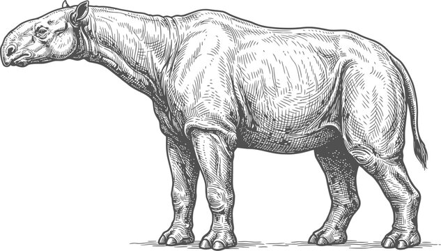 Giant prehistoric paraceratherium mammal standing in profile view on transparent background