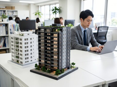 オフィスで建築模型を見ながら事業計画を進める男性