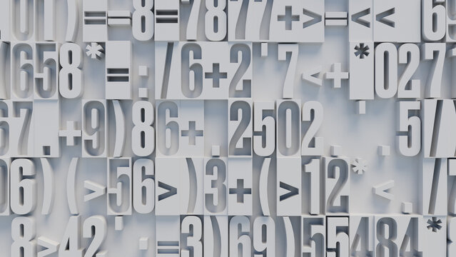 Close-Up of Textured White 3D Numbers and Symbols in Random Arrangement on Neutral Background for Science and Research Applications