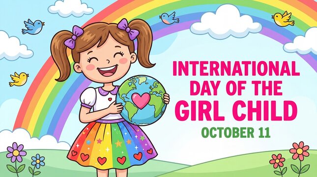 nternational day of the girl child colorful cartoon illustration with childhood