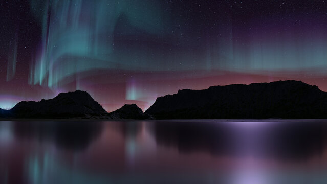 Green Aurora Sky over Rocky Terrain. Magical Northern Lights Banner with copy-space.