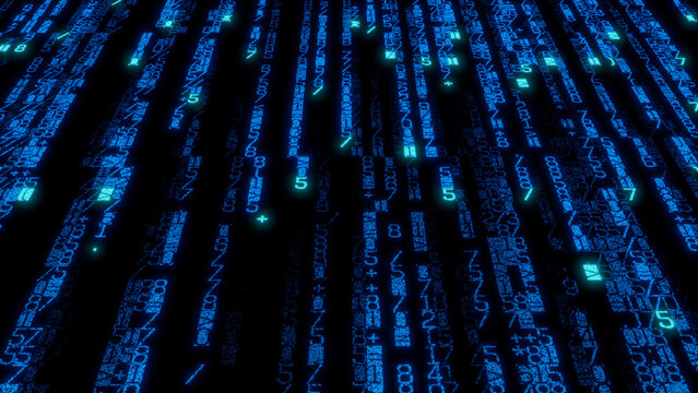 Detailed Pixelated Pattern of Blue and Green Numbers and Symbols on Black Background - High-Tech Digital Art for Blockchain, Data Visualization, and Cybersecurity Applications