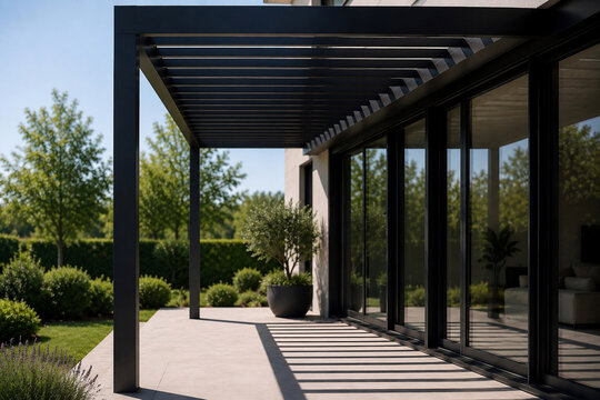 Moderne Pergola mit Lamellendach an Glasfassade
