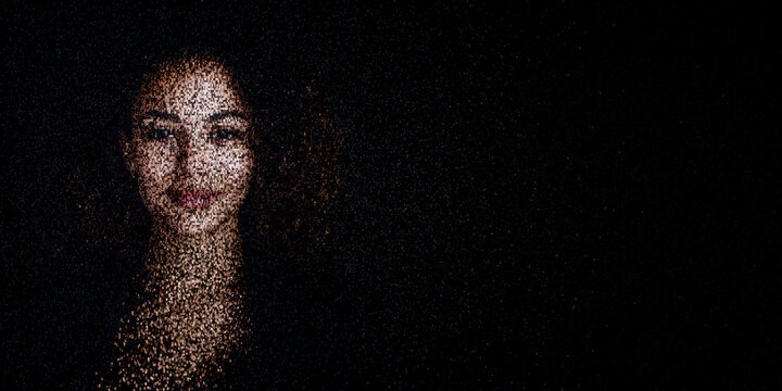 Digital ID Portrait of North American Woman with Face made up of Numbers and Symbols. Online onboarding Concept with copy-space.