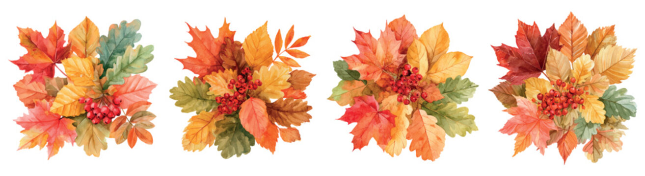 Autumn leaves collection featuring watercolor illustrations of maple, oak, and other fall foliage with red berries, creating a vibrant harvest and thanksgiving theme