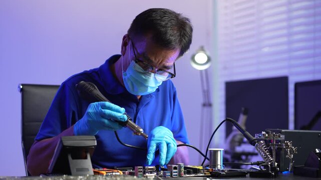 Close-up of semiconductor microchip on circuit board, motherboard processor for computer repair, hardware technology and chip manufacturing industry concept.