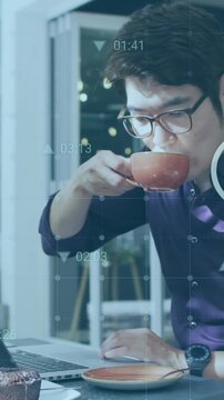 Animation of changing numbers and multiple icons, asian man looking at laptop and drinking coffee